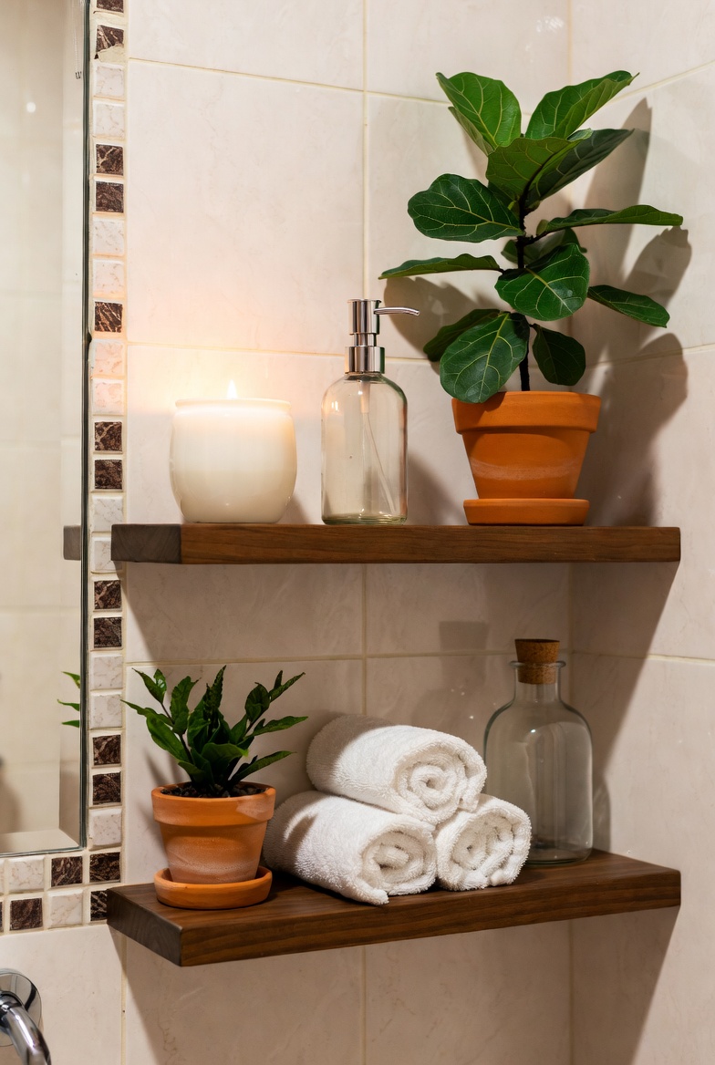 Stylish bathroom shelf decorated with plants, candles, rolled towels, and glass bottles showcasing creative bathroom shelf decor ideas for a spa-like home transformation