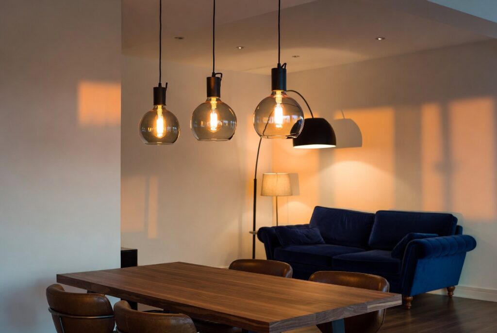 Light It Up – Pendant Lights Over Dining, Floor Lamps in Living