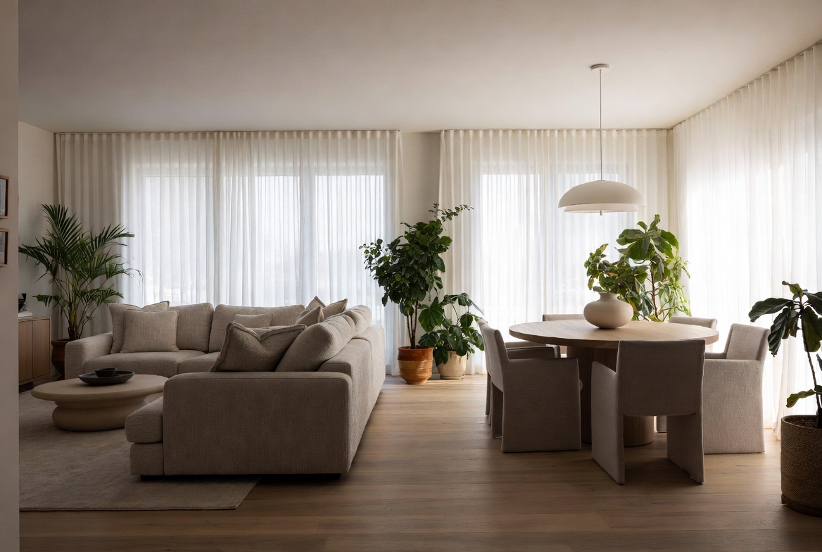 Open layout living room dining room ideas showing a modern combined living and dining space with area rugs, pendant lights, and strategically floated furniture creating defined zones in an airy open concept home