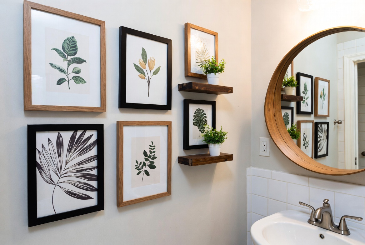 A beautifully decorated bathroom wall featuring framed art prints, floating wooden shelves with plants, and a large round mirror, showcasing affordable and creative bathroom wall decor ideas that transform a small space.