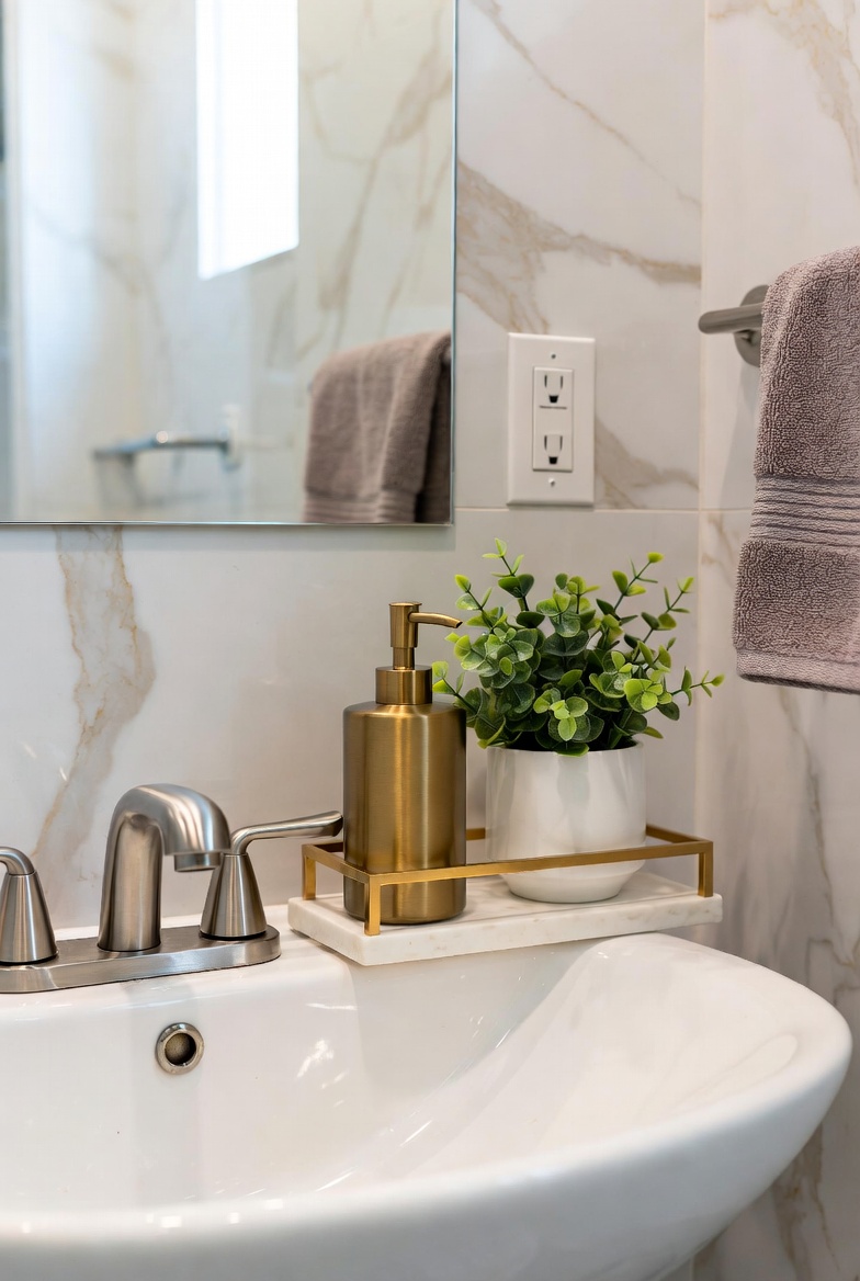 A beautifully decorated bathroom sink with a marble tray, gold soap dispenser, small green plant, and folded towel showcasing affordable bathroom sink decor ideas for a clean and stylish space.