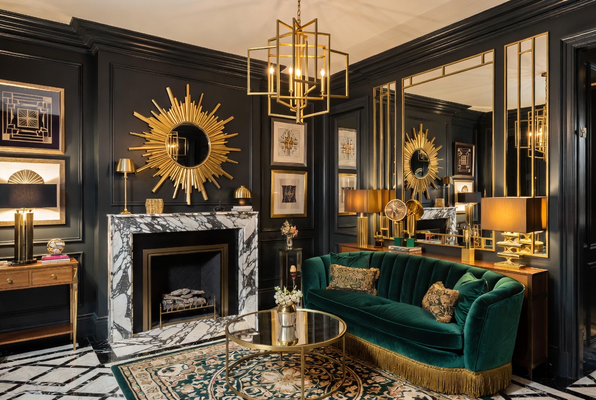 Art Deco interior design living room with gold sunburst mirror, emerald velvet sofa, geometric chandelier, brass metallics, and black and white marble floor showcasing 23 glamorous Art Deco ideas