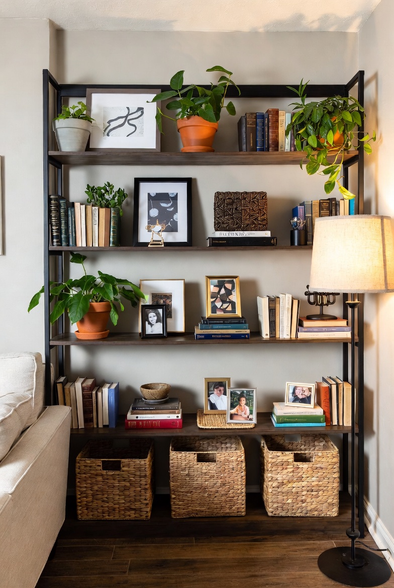 A beautifully styled living room bookshelf decorated with a curated mix of books, potted plants, framed artwork, woven baskets, and personal photo frames, featuring warm ambient lighting and a modern cozy aesthetic that showcases budget-friendly bookshelf decor ideas.