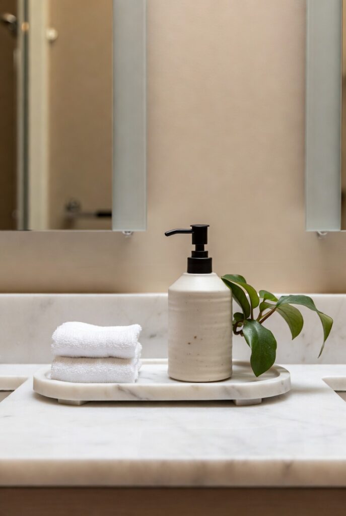 A beautifully decorated bathroom vanity with a marble tray, ceramic soap dispenser, small green plant, and neatly folded white towels, showcasing elegant and practical bathroom vanity decor ideas for a stylish home