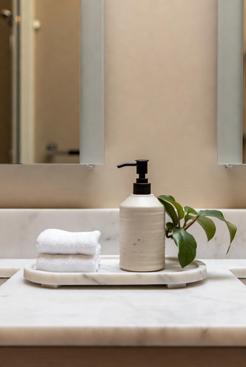 A beautifully decorated bathroom vanity with a marble tray, ceramic soap dispenser, small green plant, and neatly folded white towels, showcasing elegant and practical bathroom vanity decor ideas for a stylish home