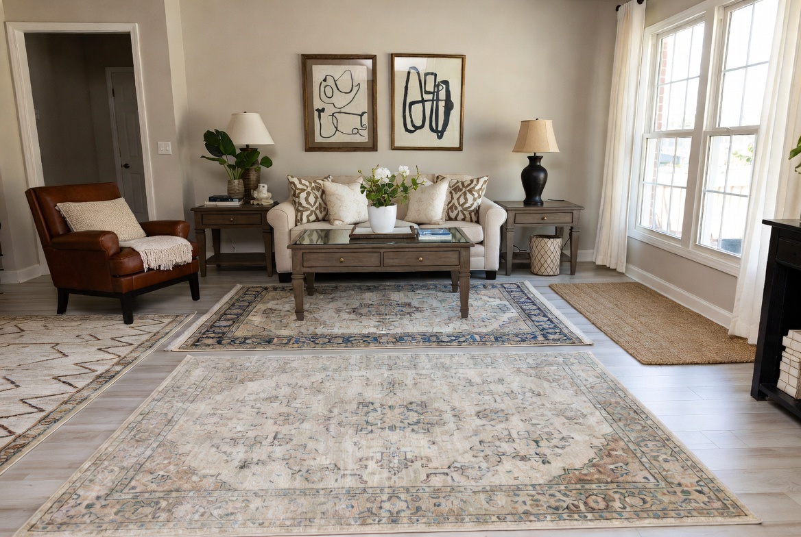 A beautifully styled living room featuring a variety of area rug ideas including neutral, Persian, geometric, and natural fiber rugs arranged to showcase different interior design transformations.