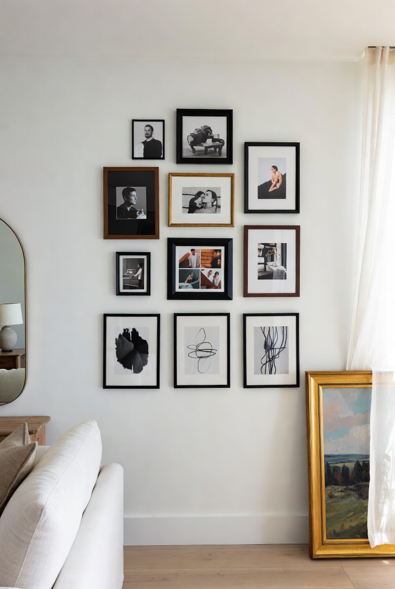 A beautifully styled living room wall showcasing a variety of creative wall picture ideas including gallery walls, minimalist prints, and eclectic decor arrangements in a modern home interior setting.