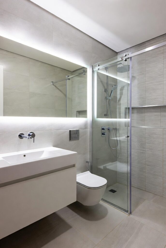 A beautifully designed small modern bathroom with floating vanity, frameless glass shower, large-format tiles, backlit mirror, and wall-hung toilet, showcasing smart space-saving luxury interior design ideas for tiny bathrooms.