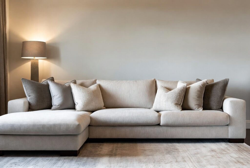 A stylish sectional sofa living room ideas setup featuring a large modern sectional sofa as the focal point with layered pillows, neutral tones, and warm lighting showcasing smart interior design inspiration for transforming your living space.