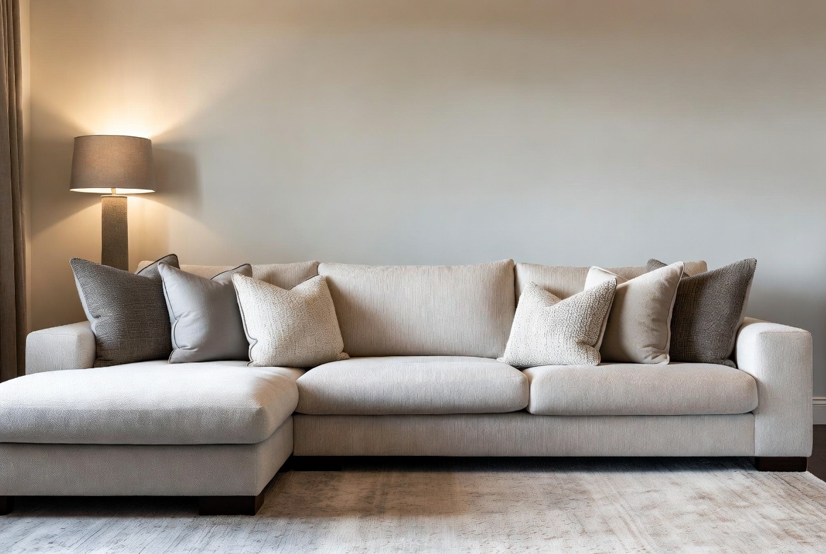 A stylish sectional sofa living room ideas setup featuring a large modern sectional sofa as the focal point with layered pillows, neutral tones, and warm lighting showcasing smart interior design inspiration for transforming your living space.