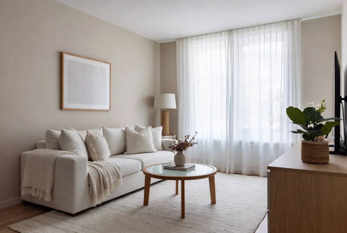 Modern living room design 2026 featuring clean lines, neutral tones, designer furniture, and natural light in a stylish minimalist interior