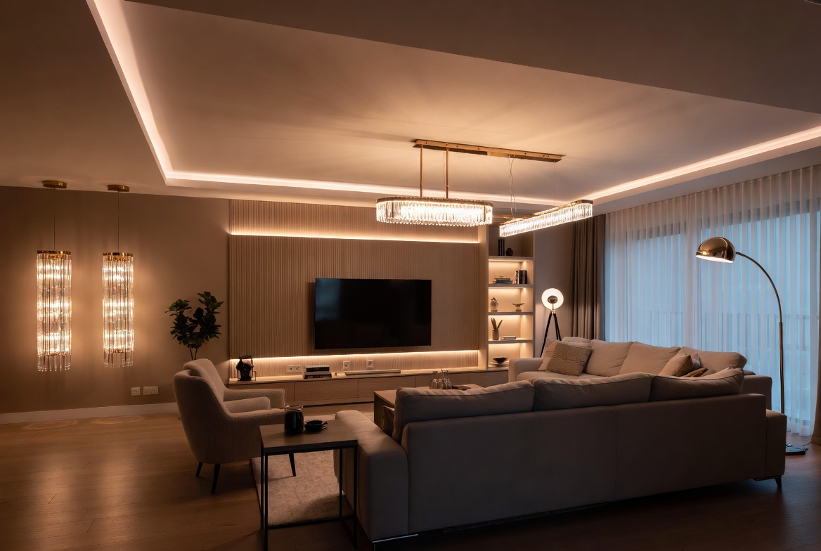 14 living room lighting designs including chandeliers, floor lamps, LED strips, recessed lights, and smart bulbs shown in a beautifully styled modern living room interior for a complete buyer's guide