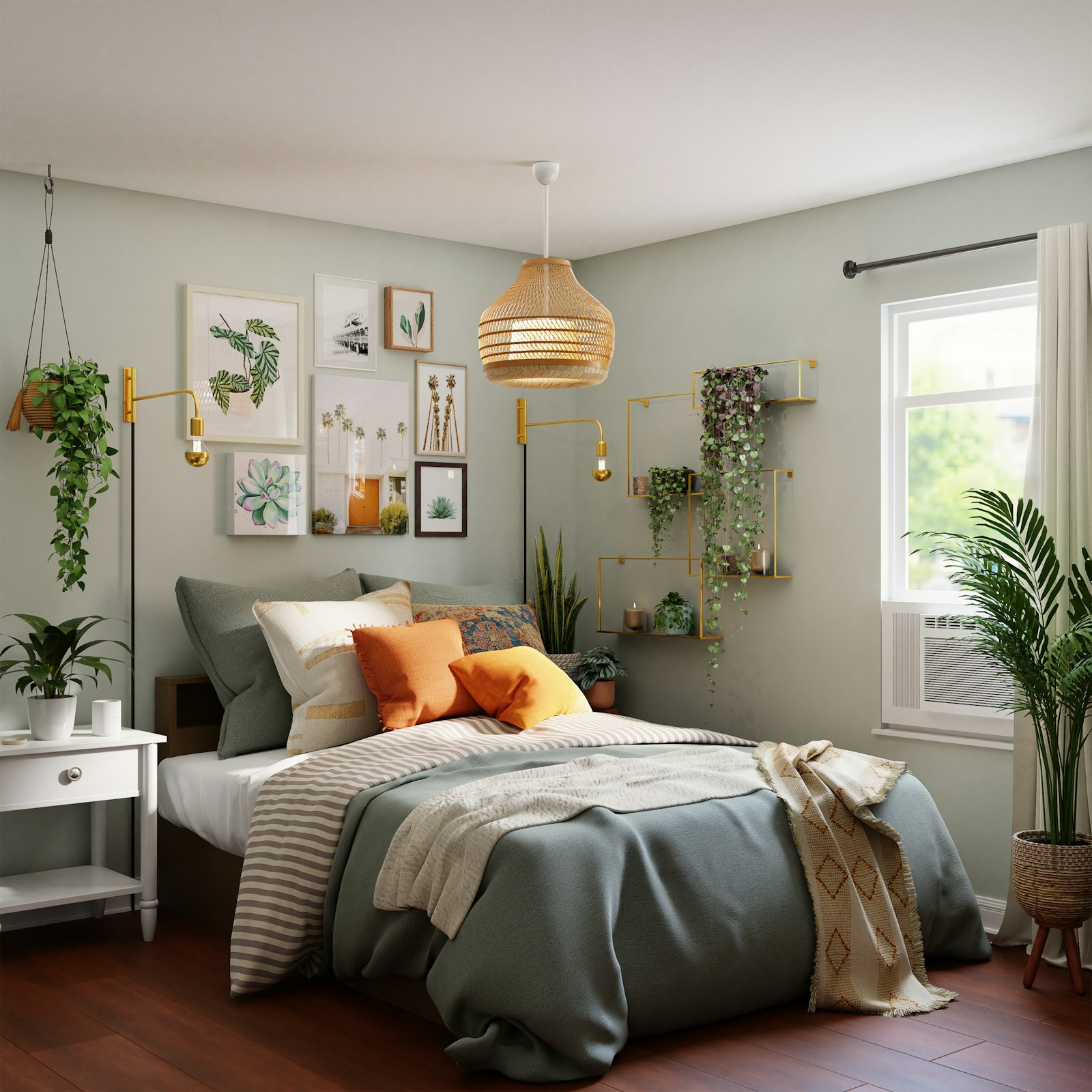 Bed frame with visible legs in a small bedroom, leaving the floor underneath visible to make the room feel larger