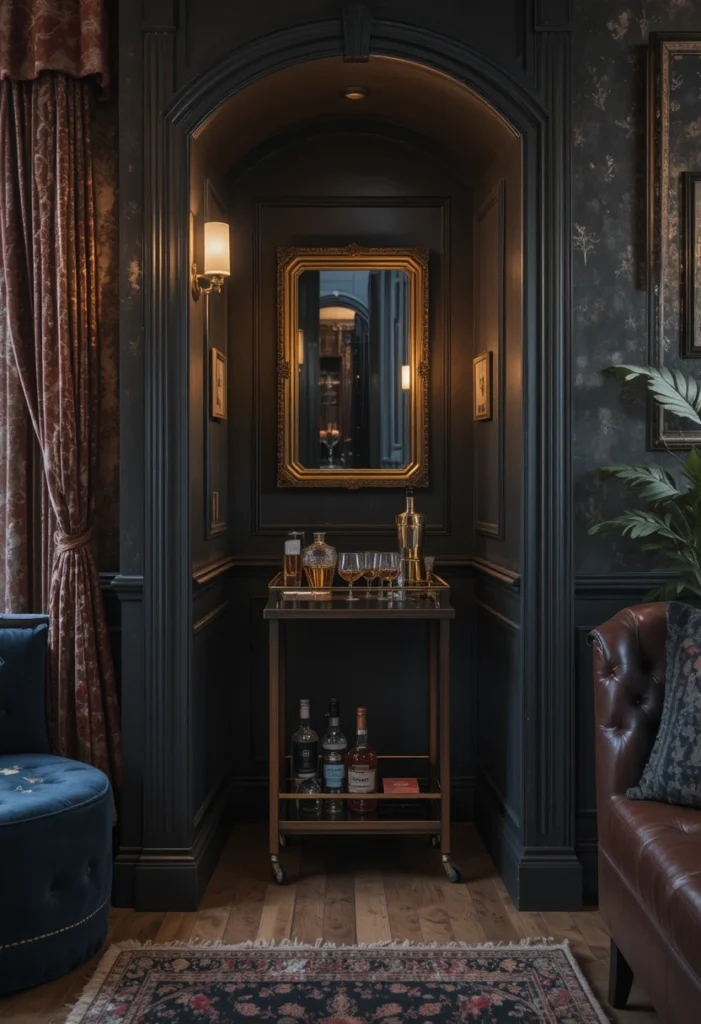 14 tiny bar cart ideas featuring a narrow brass cart, corner cocktail nook, hanging glassware, and vertical wine rack styling to create a small-space cocktail lounge.