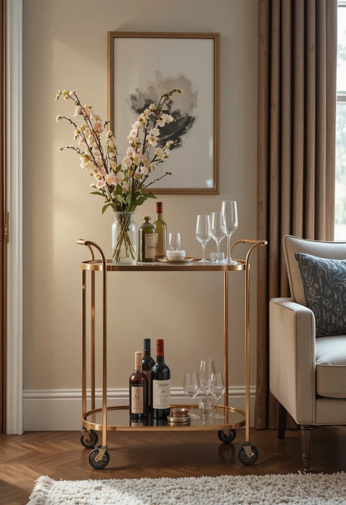 14 tiny bar cart ideas featuring a narrow brass cart, corner cocktail nook, hanging glassware, and vertical wine rack styling to create a small-space cocktail lounge.