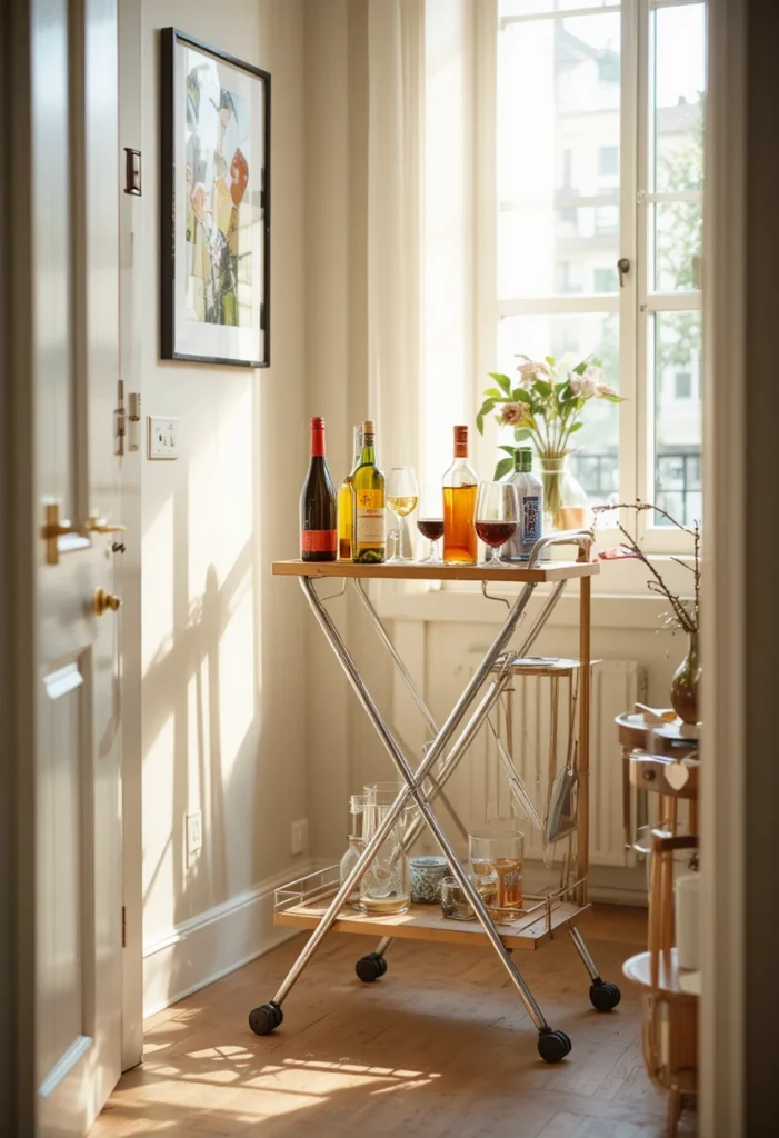 14 tiny bar cart ideas featuring a narrow brass cart, corner cocktail nook, hanging glassware, and vertical wine rack styling to create a small-space cocktail lounge.