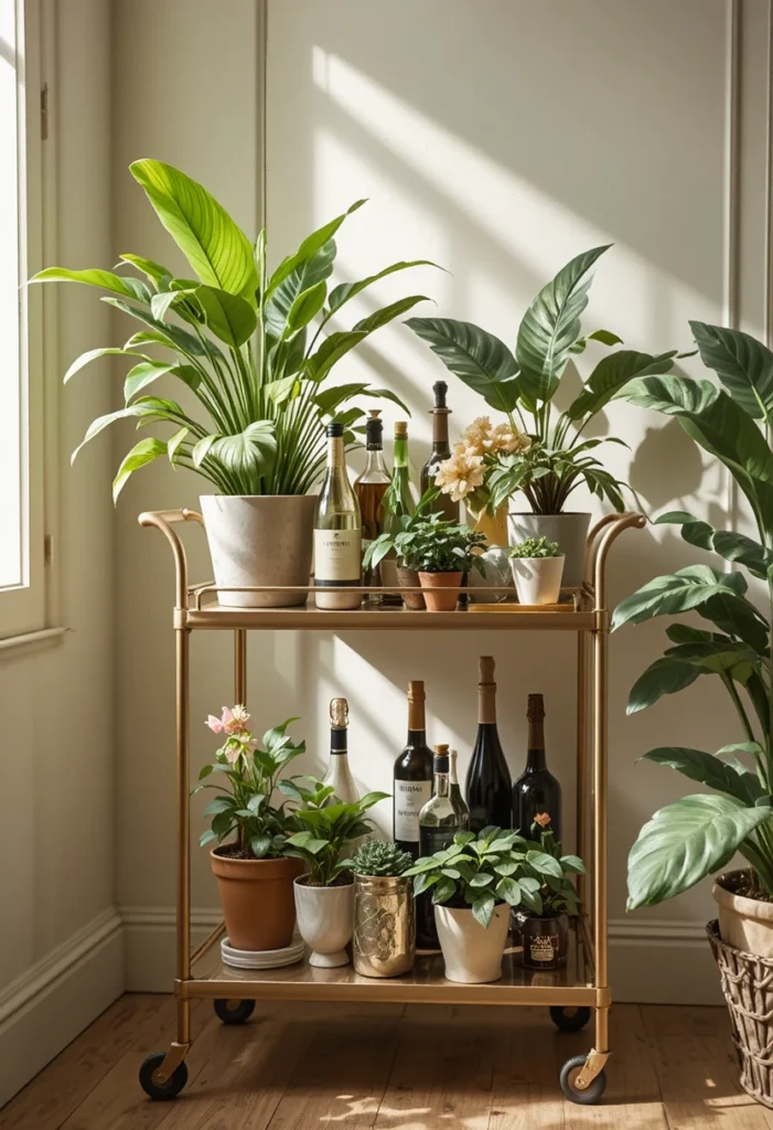 14 tiny bar cart ideas featuring a narrow brass cart, corner cocktail nook, hanging glassware, and vertical wine rack styling to create a small-space cocktail lounge.
