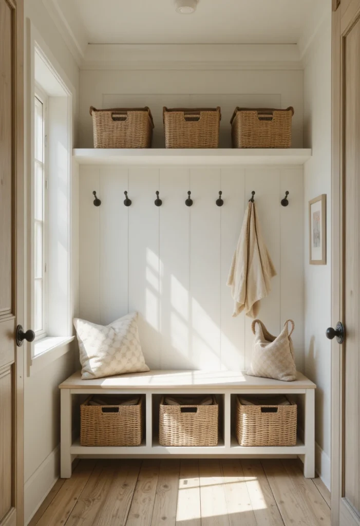 Keep the Color Palette Light and Consistent Tiny Mudroom  Ideas
