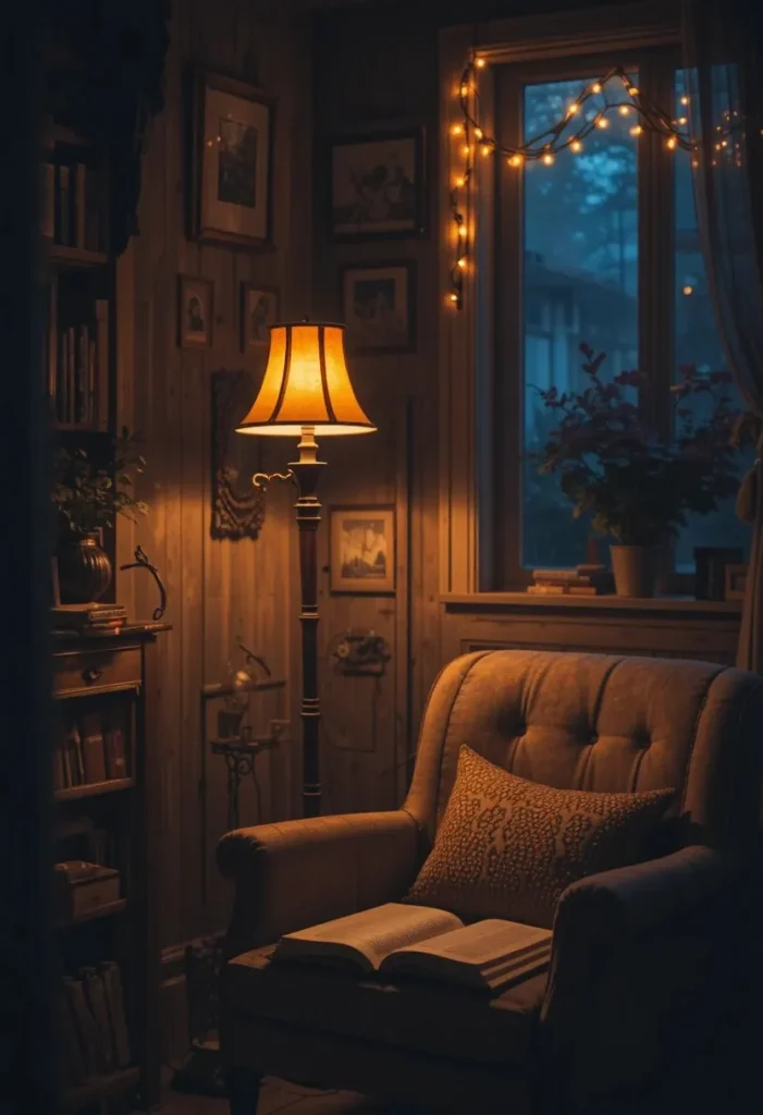Layer in Warm, Low Lighting Tiny Reading Nook Ideas