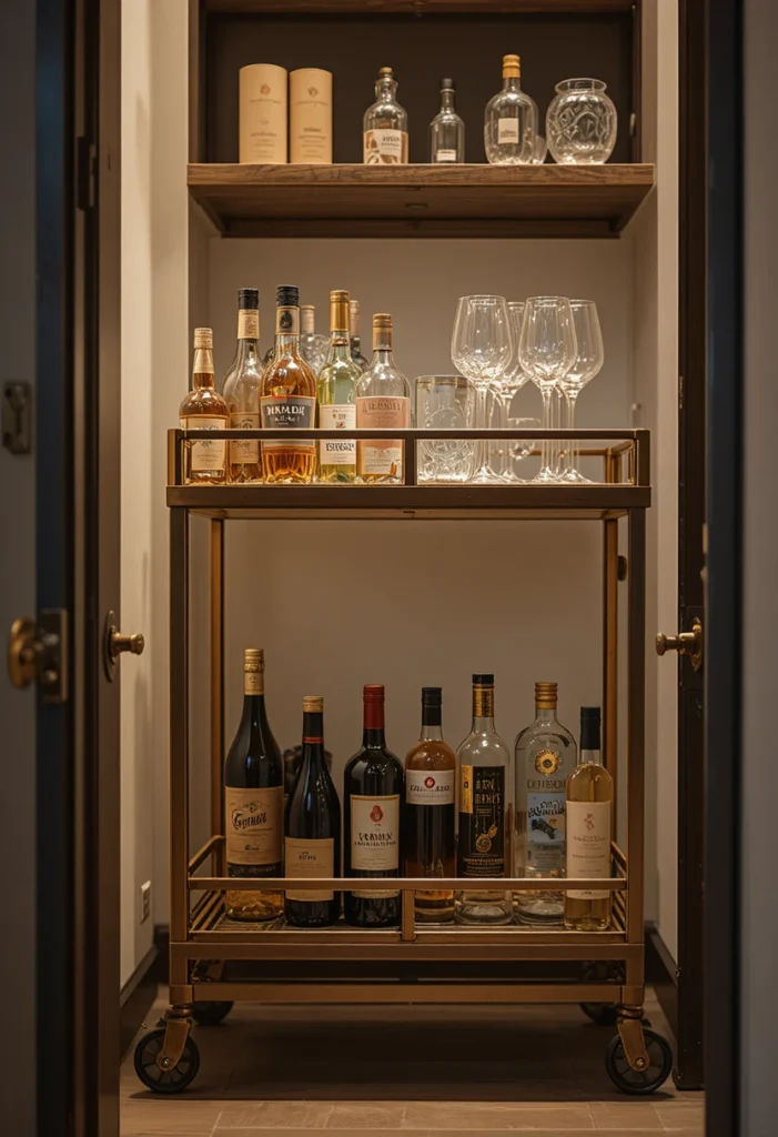 14 tiny bar cart ideas featuring a narrow brass cart, corner cocktail nook, hanging glassware, and vertical wine rack styling to create a small-space cocktail lounge.