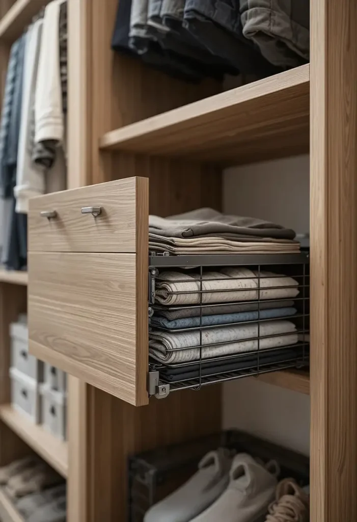 Install Pull-Out or Slide-Out Baskets Tiny Closet Organization Ideas