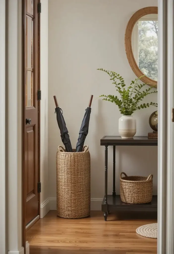 Use a Slim Umbrella Stand Tucked Into a Corner Tiny Entryway Ideas 