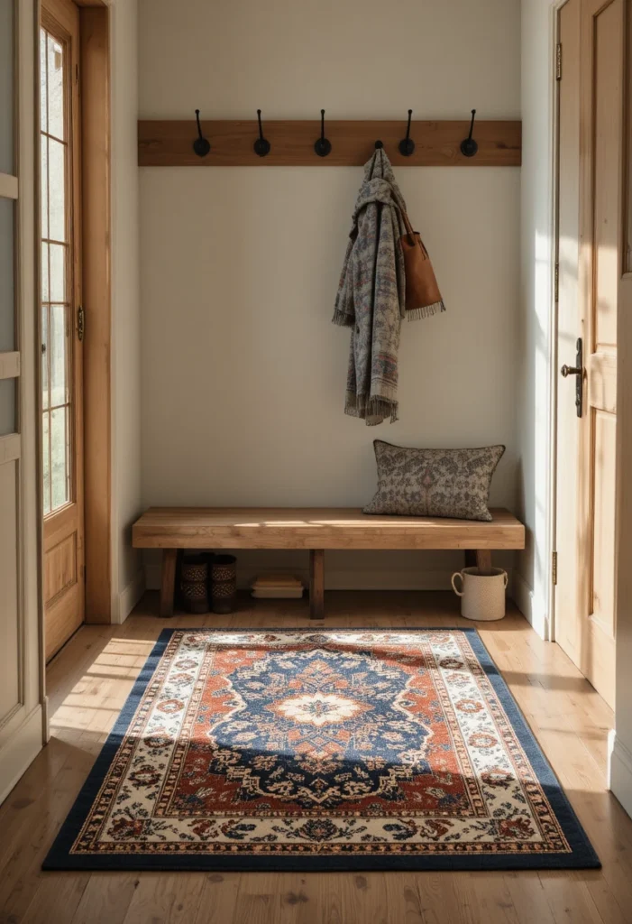 Layer In a Durable, Patterned Rug Tiny Mudroom  Ideas