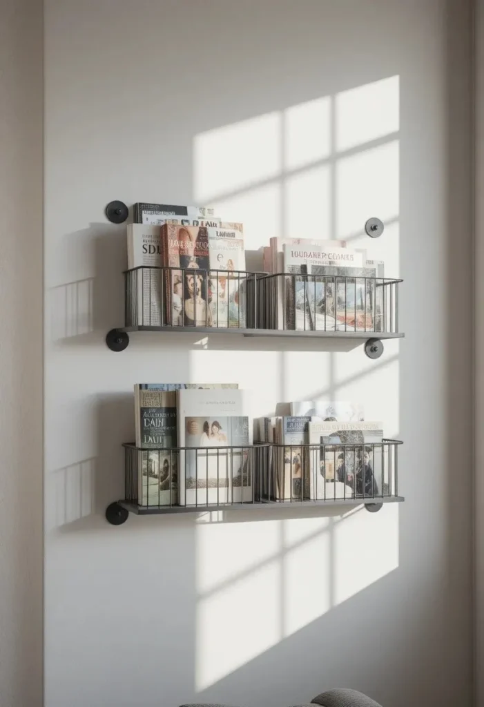 Use Wall-Mounted Wire Racks Tiny Bookshelf Ideas