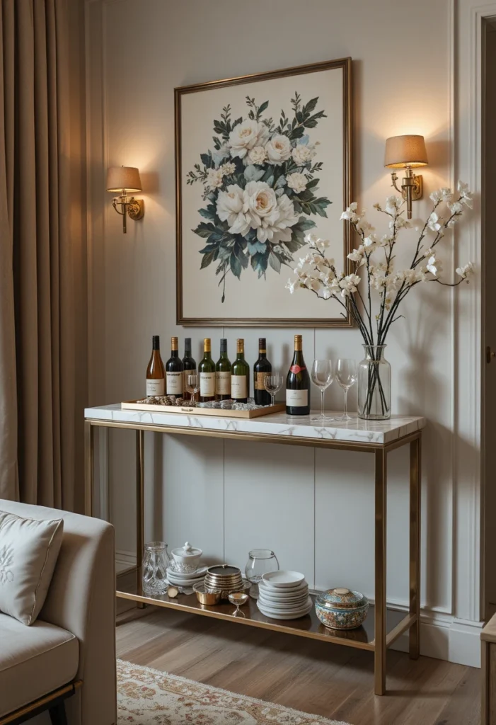 14 tiny bar cart ideas featuring a narrow brass cart, corner cocktail nook, hanging glassware, and vertical wine rack styling to create a small-space cocktail lounge.