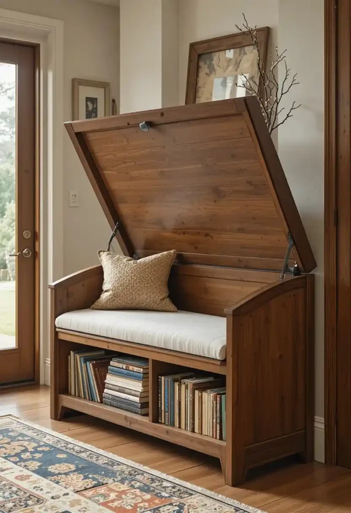 Use a Bench With Hidden Shelving Tiny Bookshelf Ideas