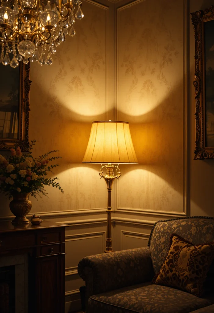  Illuminate with a Vintage Floor Lamp or Crystal Chandelier