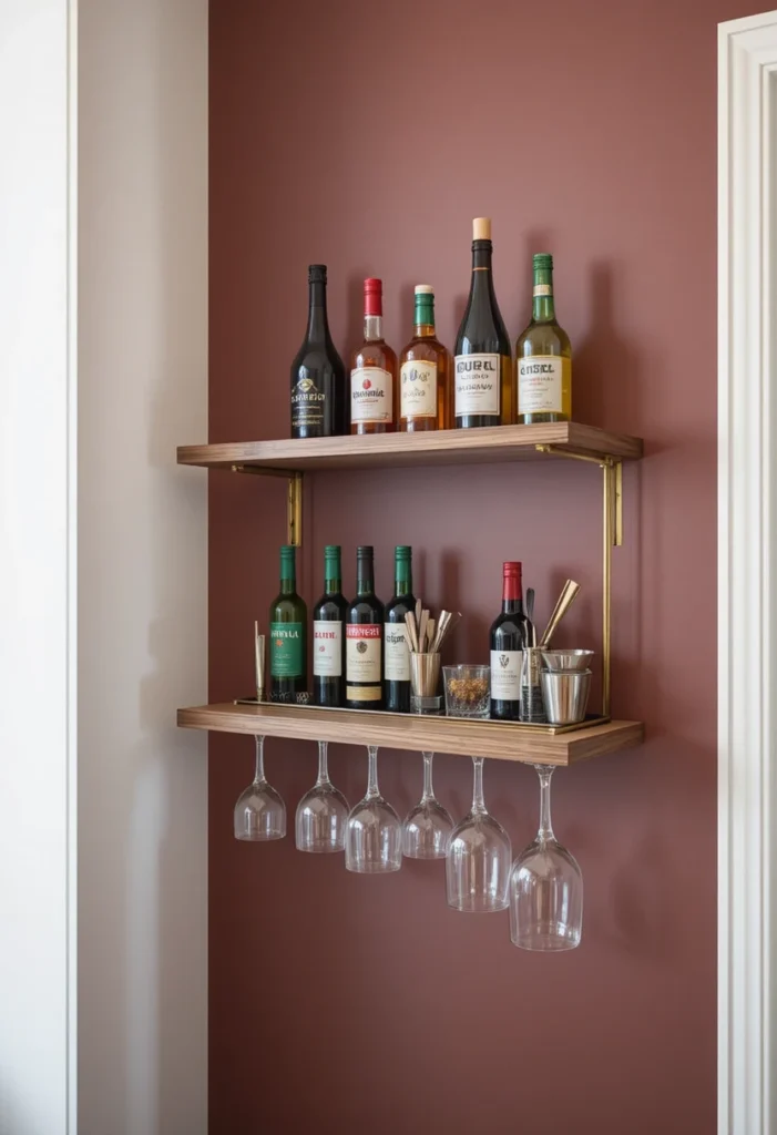14 tiny bar cart ideas featuring a narrow brass cart, corner cocktail nook, hanging glassware, and vertical wine rack styling to create a small-space cocktail lounge.