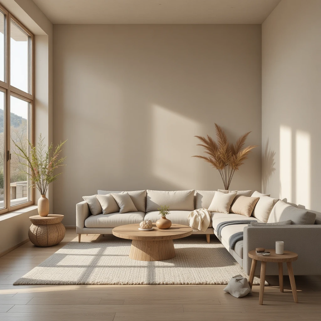 Warm minimalism living room design with neutral tones, natural textures, and cozy clutter-free decor