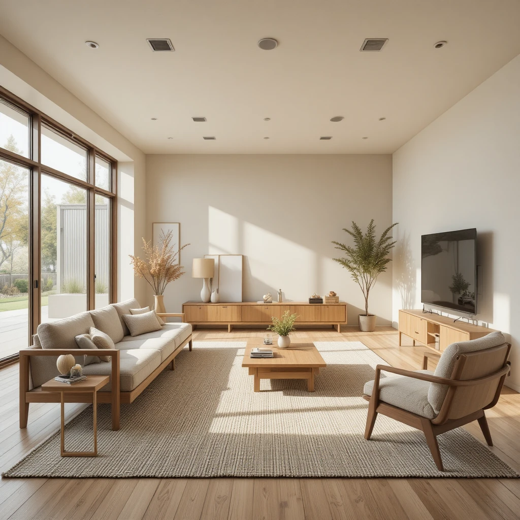 Serene Japandi-style living room with neutral tones, natural wood accents, and cozy minimalist decor creating a calm sanctuary