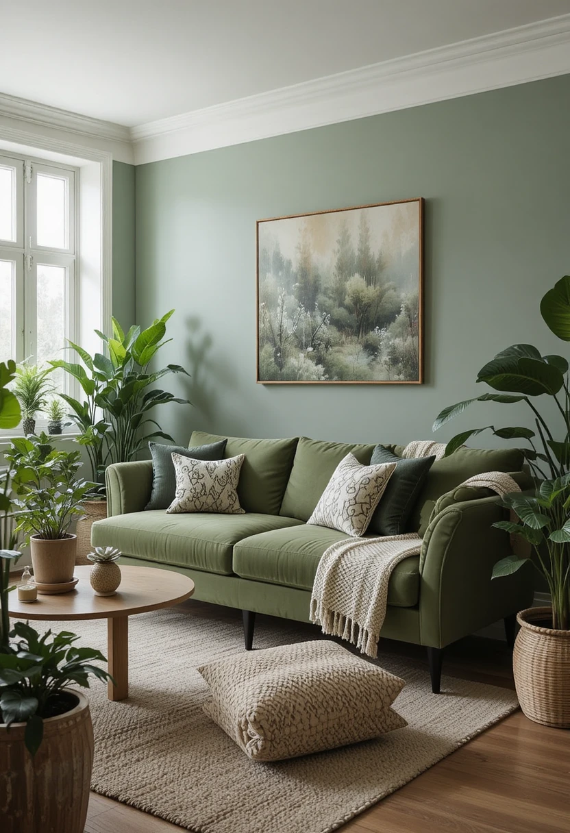 "10 Green Living Room Decor Ideas – Sustainable sage green living room with velvet sofa, houseplants, and natural textures"