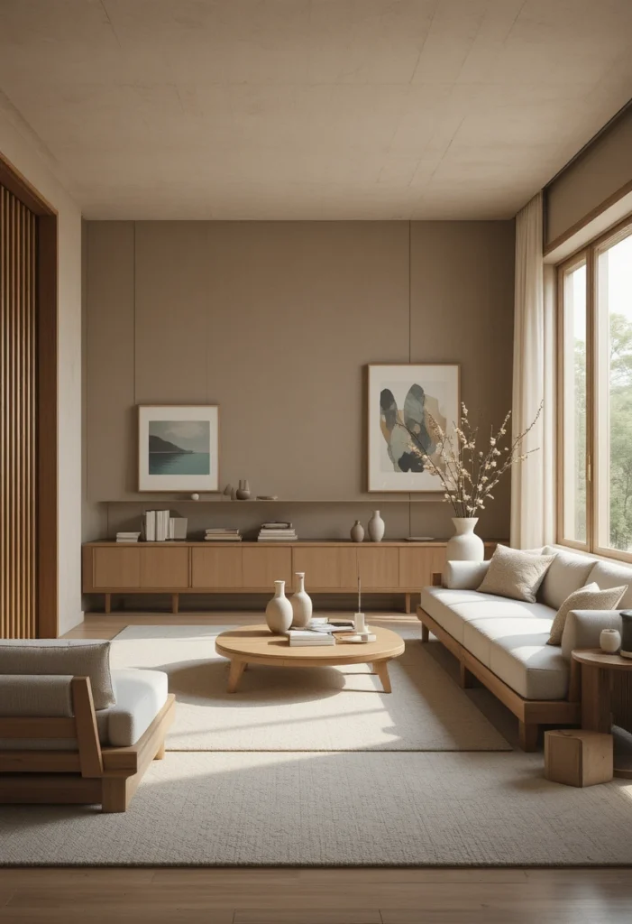 Serene Japandi Haven with Sculptural Simplicity