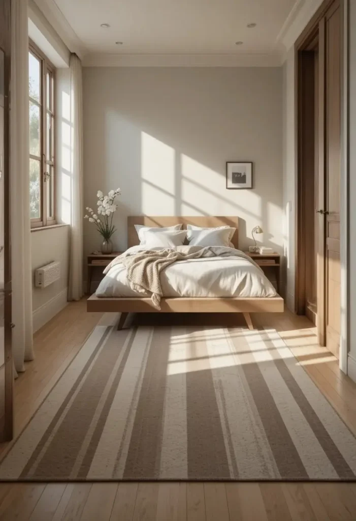 Use a Vertical Striped Rug to Stretch the Room Use a Vertical Striped Rug to Stretch the Room Tiny Guest Room Ideas