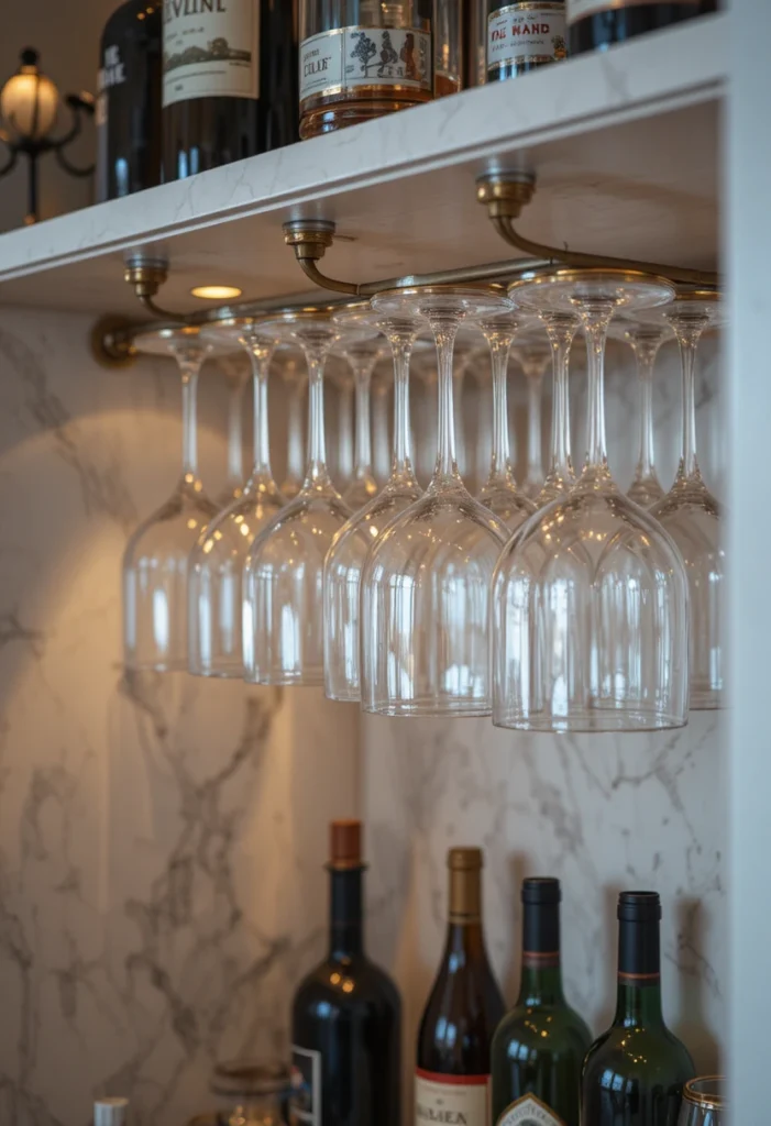 14 tiny bar cart ideas featuring a narrow brass cart, corner cocktail nook, hanging glassware, and vertical wine rack styling to create a small-space cocktail lounge.