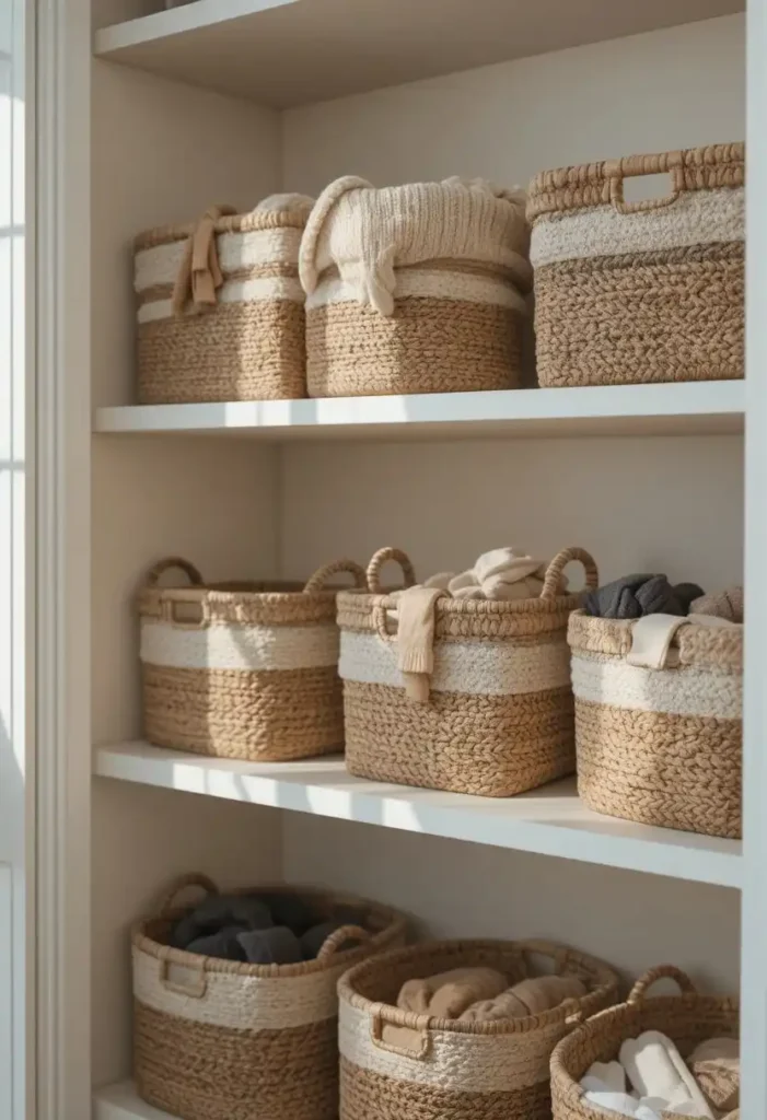 Use Baskets to Group Small Items Tiny Closet Organization Ideas