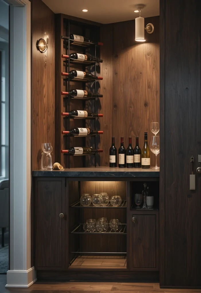 14 tiny bar cart ideas featuring a narrow brass cart, corner cocktail nook, hanging glassware, and vertical wine rack styling to create a small-space cocktail lounge.