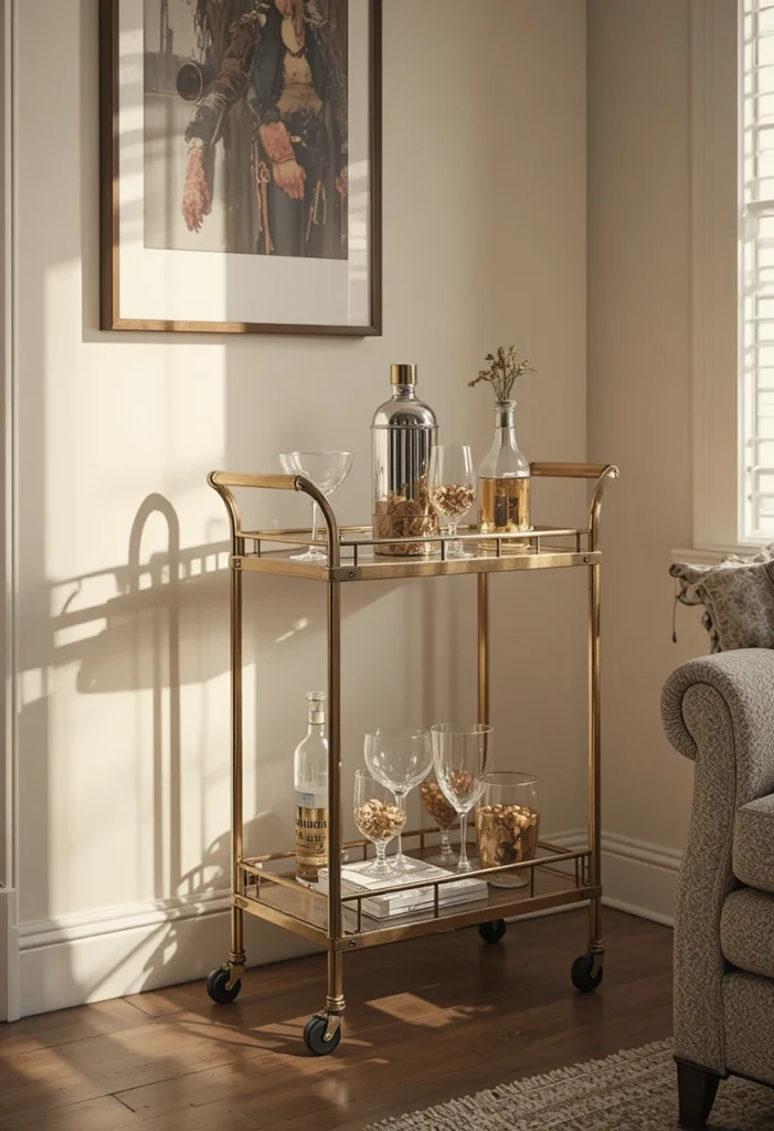 14 tiny bar cart ideas featuring a narrow brass cart, corner cocktail nook, hanging glassware, and vertical wine rack styling to create a small-space cocktail lounge.