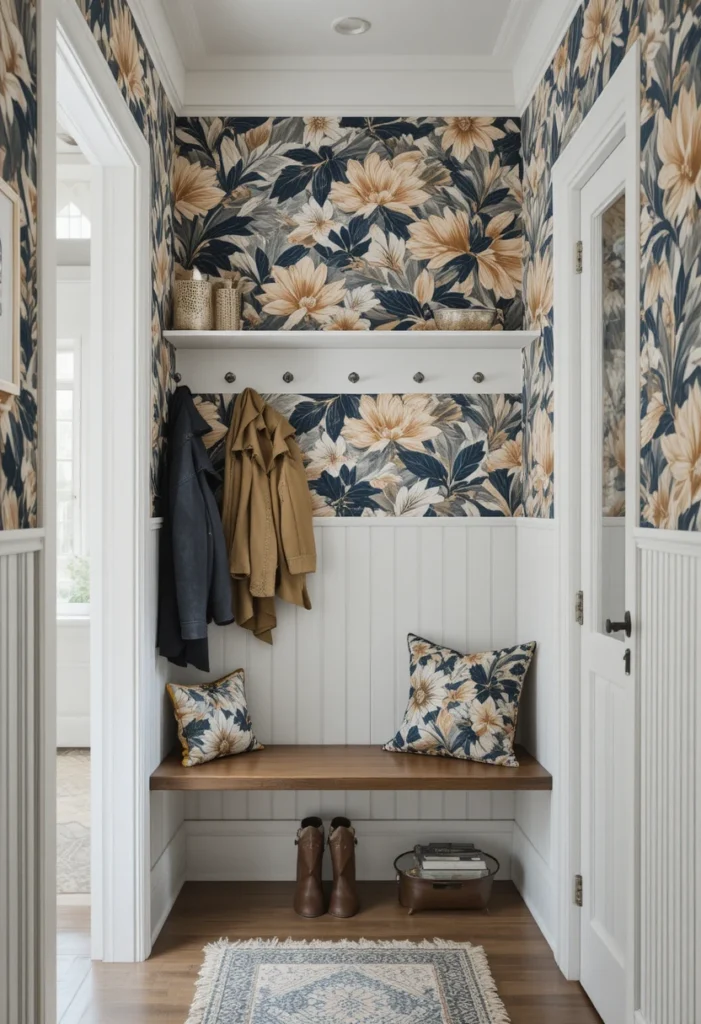 Use Wallpaper to Define the Zone Tiny Mudroom  Ideas