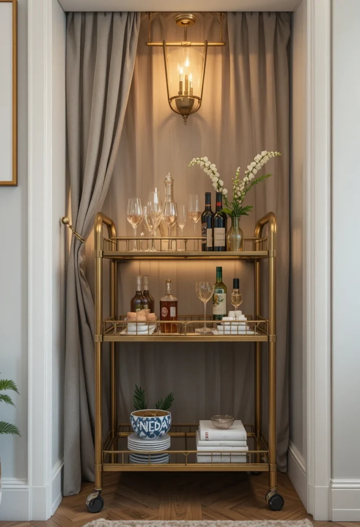 14 tiny bar cart ideas featuring a narrow brass cart, corner cocktail nook, hanging glassware, and vertical wine rack styling to create a small-space cocktail lounge.