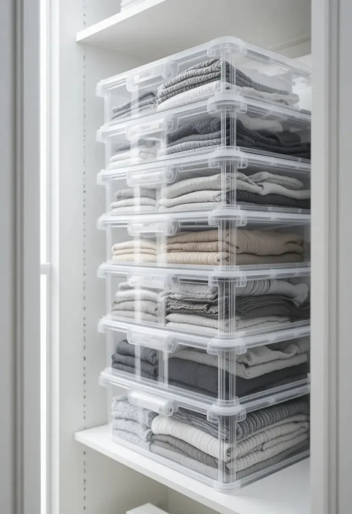 Use Slimline, Clear Storage Bins Tiny Closet Organization Ideas