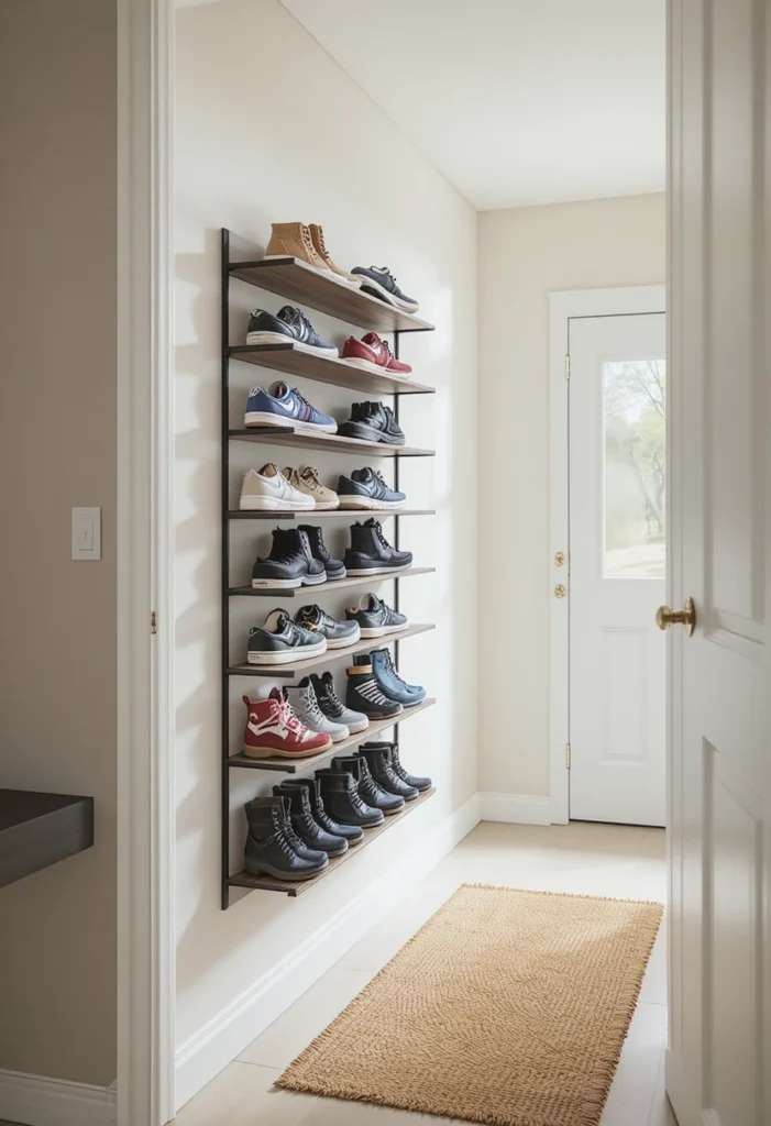 Choose a Wall-Mounted Shoe Rack Over a Floor Rack Tiny Mudroom  Ideas