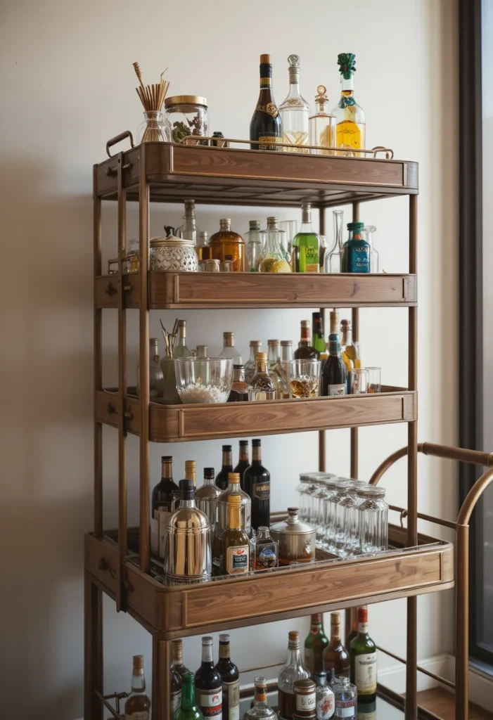 14 tiny bar cart ideas featuring a narrow brass cart, corner cocktail nook, hanging glassware, and vertical wine rack styling to create a small-space cocktail lounge.