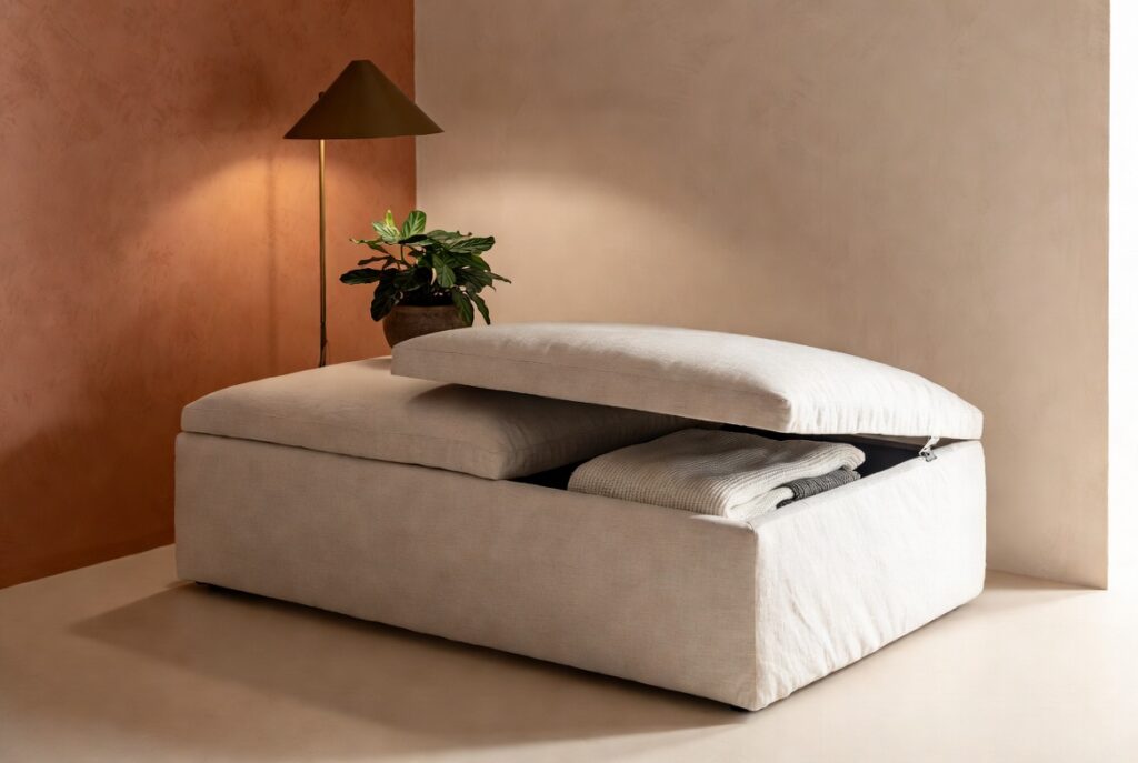 A Storage Ottoman That Replaces Three Pieces of Furniture Tiny Space Furniture Ideas