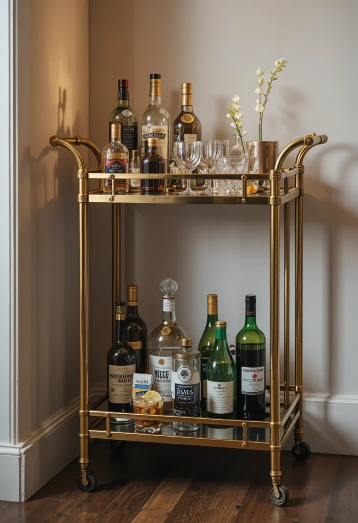 14 tiny bar cart ideas featuring a narrow brass cart, corner cocktail nook, hanging glassware, and vertical wine rack styling to create a small-space cocktail lounge.