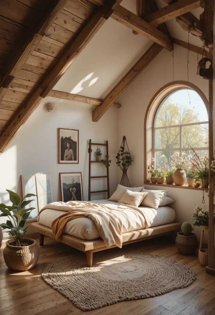 Tiny loft bedroom idea with low-profile bed, sloped ceiling storage, and light neutral decor maximizing small space design