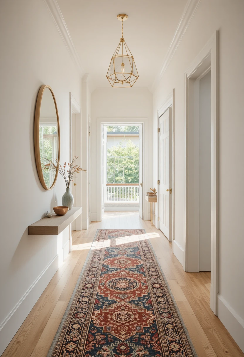 Narrow hallway makeover with a floating shelf, round mirror, bold runner rug, and statement light fixture for a stylish small-space update